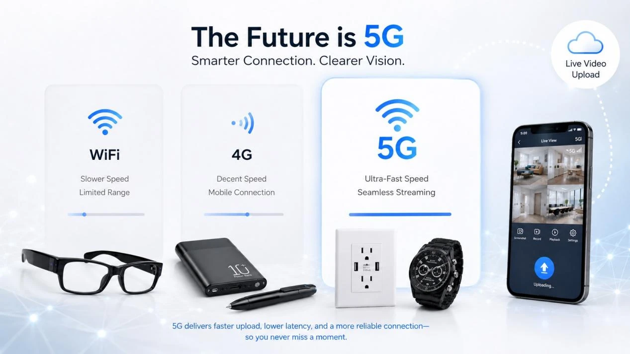 WiFi, 4G, and 5G hidden camera connectivity comparison with live video upload WiFi, 4G, and 5G hidden camera connectivity comparison with live video upload